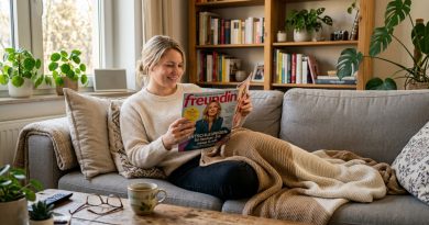 Frau auf Sofa liest Frauenzeitschrift