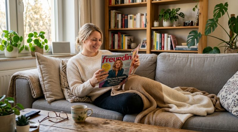 Frau auf Sofa liest Frauenzeitschrift